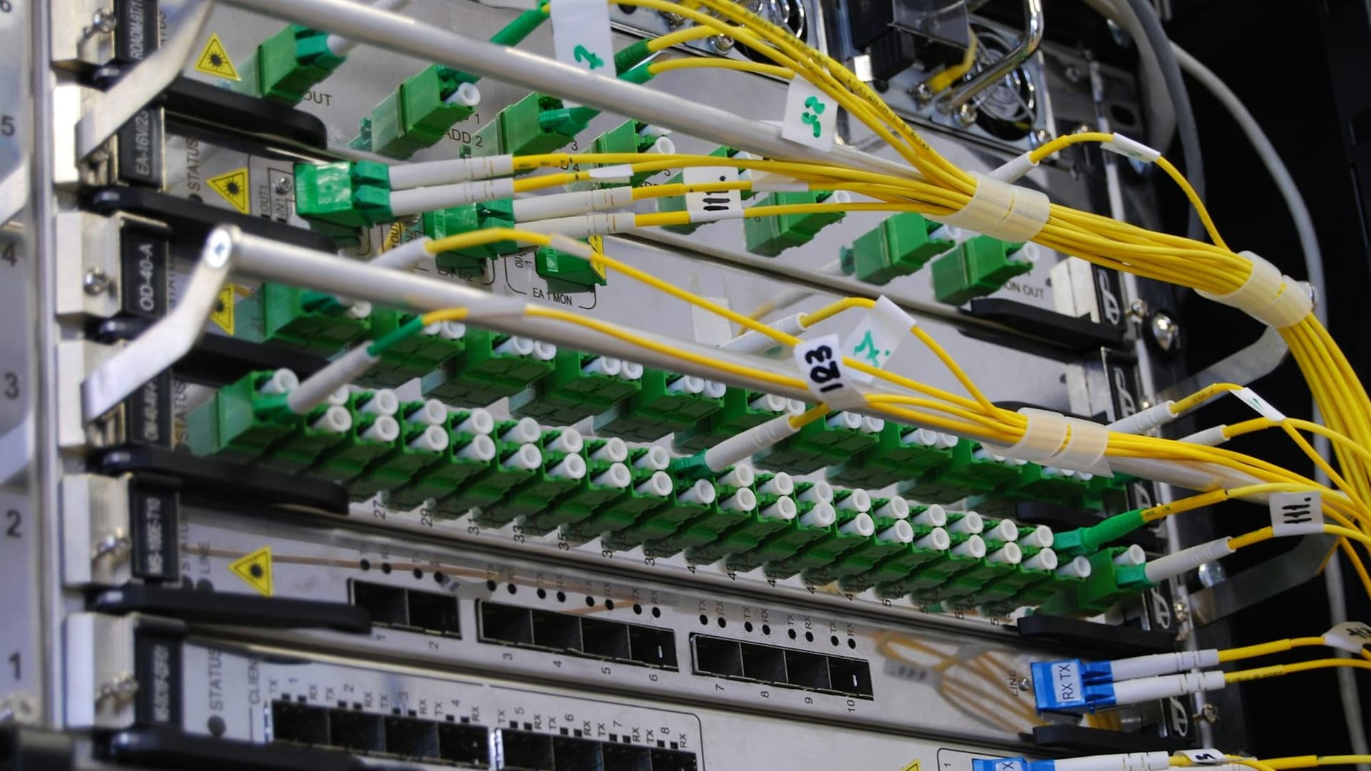 Carrier backhaul router and patch cabling installed in a telecom rack environment.